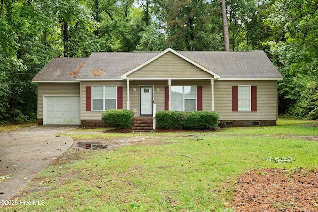 330 Brookfield Dr, Wilmington, NC 28405 - single story home with crawl space, a garage, a shingled roof, a front lawn, and concrete driveway