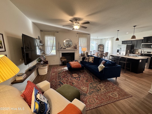 134 Longhorn Rd, Jacksonville, NC 28546 - living room with dark wood finished floors, plenty of natural light, ceiling fan, and a fireplace