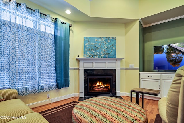 1711 Heather Run Ct SE, Bolivia, NC 28422 - living room featuring wood finished floors, a fireplace, baseboards, and recessed lighting
