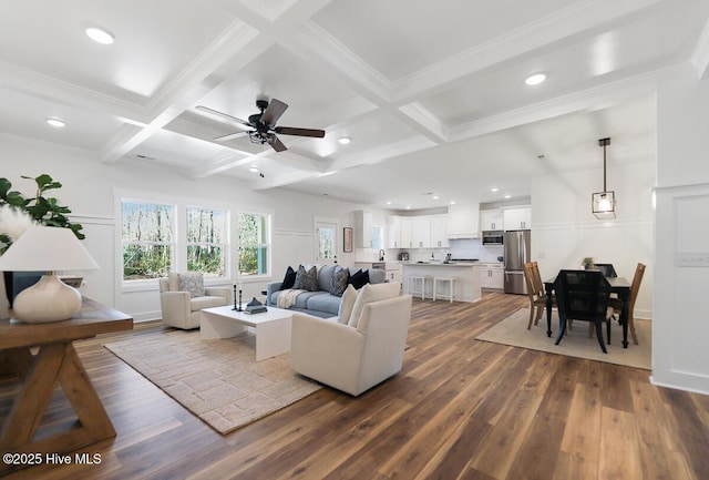 189 Craven Ct, Calabash, NC 28467 - living area featuring dark wood-style flooring, beamed ceiling, a ceiling fan, coffered ceiling, and ornamental molding