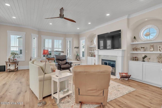 209 S 11th St, Morehead City, NC 28557 - living area with crown molding, a ceiling fan, plenty of natural light, light wood finished floors, and recessed lighting