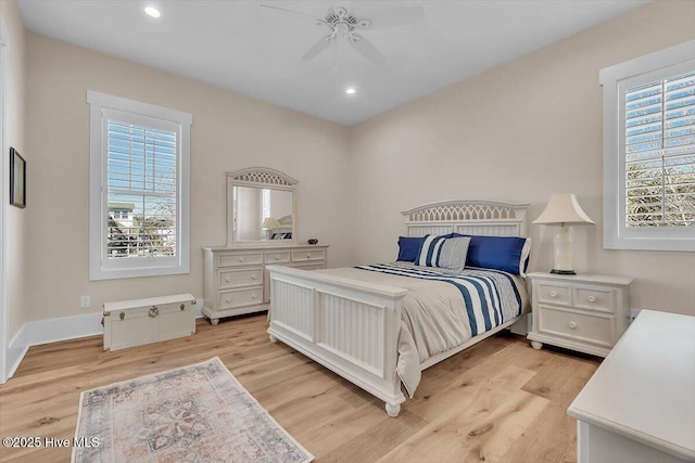 209 S 11th St, Morehead City, NC 28557 - bedroom featuring light wood finished floors, recessed lighting, baseboards, and a ceiling fan