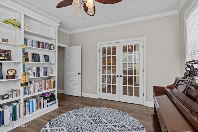 110 Gemini Dr, Cape Carteret, NC 28584 - sitting room with french doors, a ceiling fan, ornamental molding, and wood finished floors