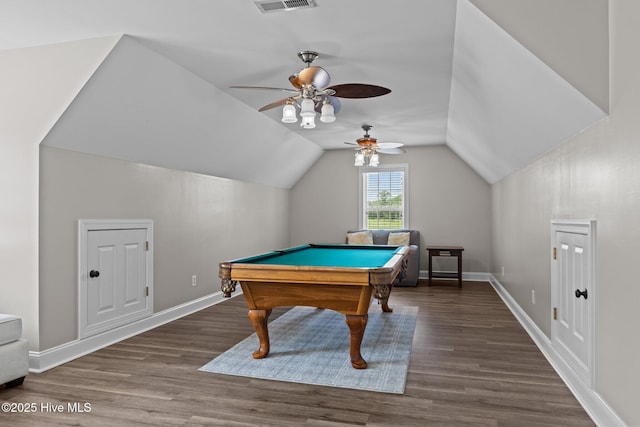 110 Gemini Dr, Cape Carteret, NC 28584 - recreation room with wood finished floors, a ceiling fan, billiards table, and vaulted ceiling
