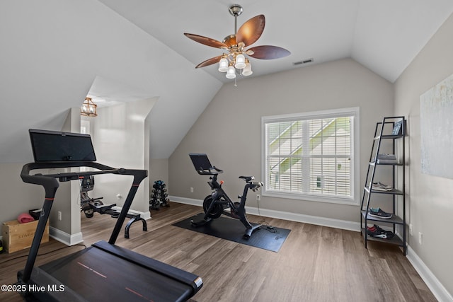 110 Gemini Dr, Cape Carteret, NC 28584 - workout area featuring wood finished floors, vaulted ceiling, and ceiling fan
