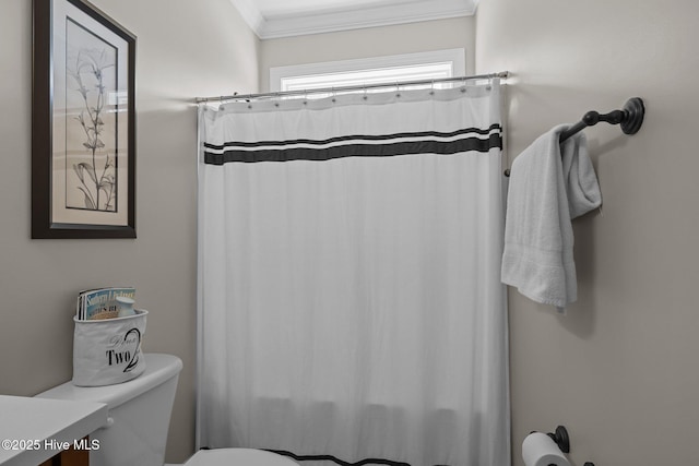 110 Gemini Dr, Cape Carteret, NC 28584 - bathroom featuring crown molding, vanity, and curtained shower