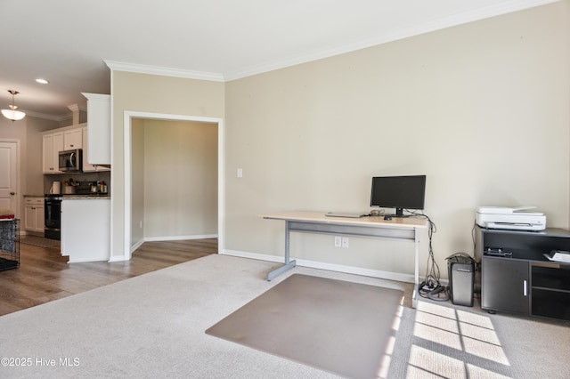 412 Palisades Way, New Bern, NC 28560 - office with crown molding, carpet flooring, baseboards, recessed lighting, and wood finished floors