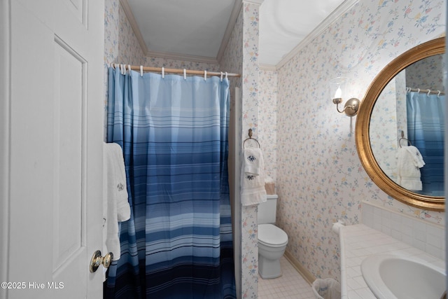 103 Camelia Dr, Washington, NC 27889 - full bathroom with wallpapered walls, crown molding, vanity, toilet, and tile patterned flooring