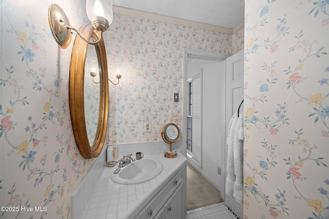 103 Camelia Dr, Washington, NC 27889 - bathroom featuring wallpapered walls, vanity, ornamental molding, and tile patterned flooring