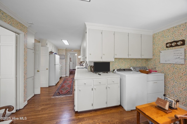 103 Camelia Dr, Washington, NC 27889 - washroom featuring wallpapered walls, separate washer and dryer, dark wood-style flooring, and ornamental molding