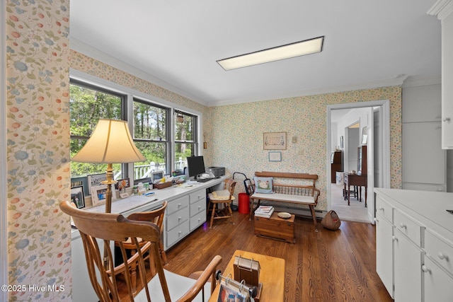103 Camelia Dr, Washington, NC 27889 - office area featuring ornamental molding, dark wood finished floors, and wallpapered walls