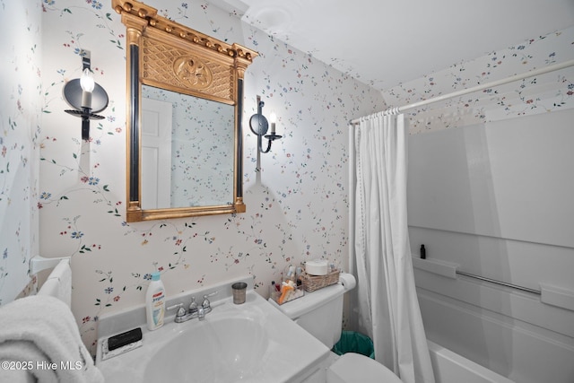 103 Camelia Dr, Washington, NC 27889 - full bathroom with wallpapered walls, toilet, shower / bath combination with curtain, and vanity