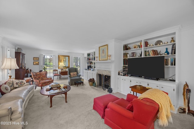 103 Camelia Dr, Washington, NC 27889 - living area featuring light carpet, ornamental molding, a fireplace, and built in features