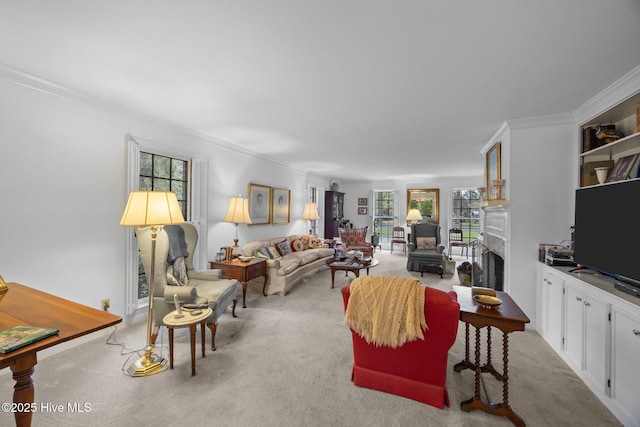 103 Camelia Dr, Washington, NC 27889 - living room featuring light carpet, ornamental molding, healthy amount of natural light, and a fireplace