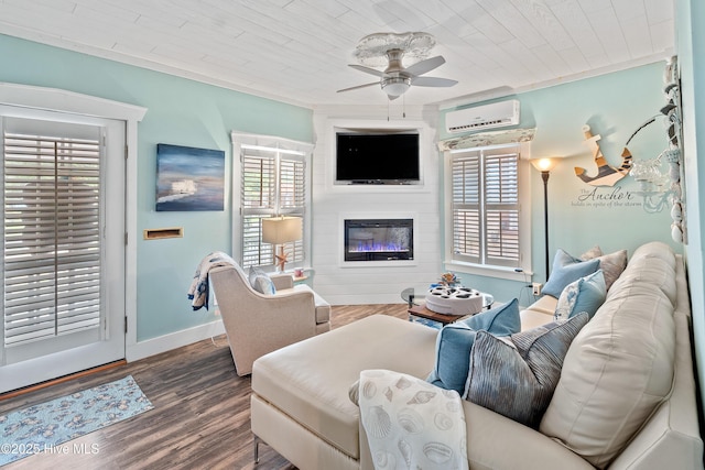 209 W St George St, Southport, NC 28461 - living area featuring a ceiling fan, plenty of natural light, a wall mounted air conditioner, a fireplace, and wood ceiling