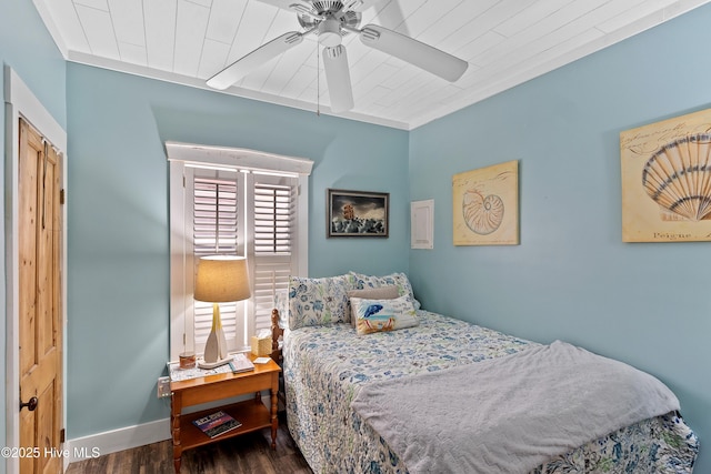 209 W St George St, Southport, NC 28461 - bedroom featuring wood finished floors, ceiling fan, wood ceiling, and baseboards
