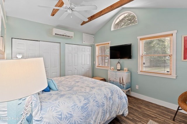 209 W St George St, Southport, NC 28461 - bedroom featuring a wall mounted AC, two closets, wood finished floors, beamed ceiling, and baseboards