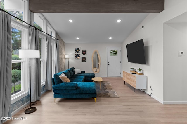 5302 Autumn Dr, Wilmington, NC 28409 - living area with light wood-type flooring, baseboards, healthy amount of natural light, recessed lighting, and lofted ceiling