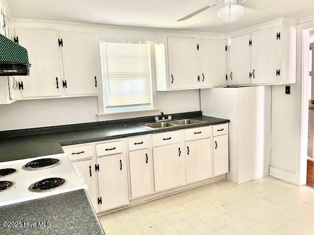 3356 Howard Ave, Tarboro, NC 27886 - kitchen featuring a sink, dark countertops, a ceiling fan, light floors, and white cabinets