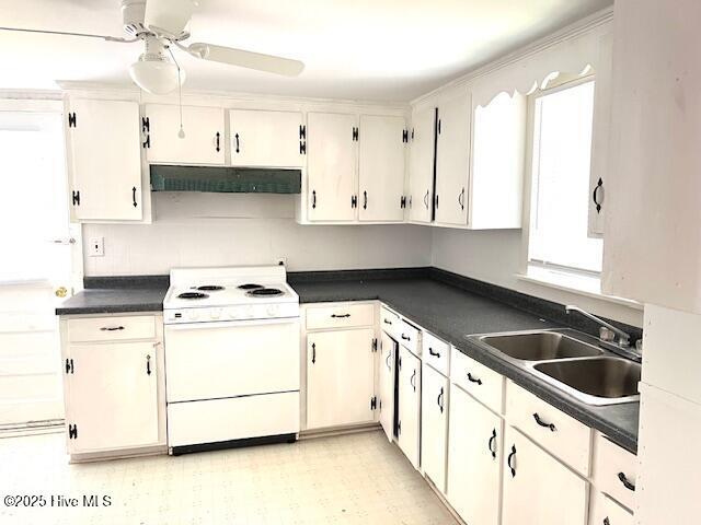 3356 Howard Ave, Tarboro, NC 27886 - kitchen with white range with electric cooktop, a sink, under cabinet range hood, and dark countertops