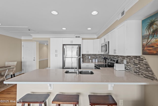 612 N Carolina Beach Ave Unit 3A, Carolina Beach, NC 28428 - kitchen featuring appliances with stainless steel finishes, a sink, a peninsula, crown molding, and tasteful backsplash