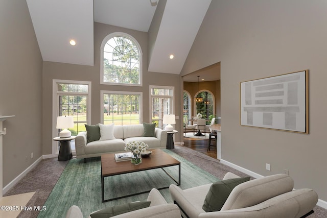24 Mcnish Rd, Southern Pines, NC 28387 - living area with high vaulted ceiling, carpet flooring, baseboards, and recessed lighting