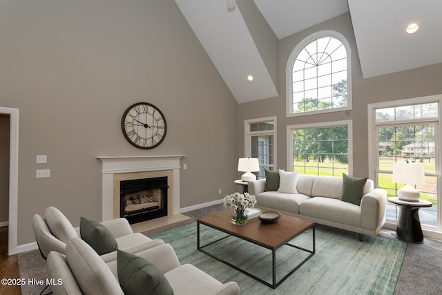 24 Mcnish Rd, Southern Pines, NC 28387 - living area featuring high vaulted ceiling, a fireplace, baseboards, and recessed lighting