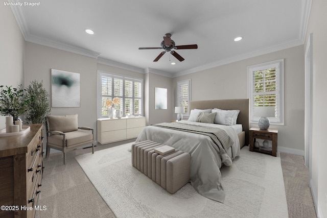 30 Deacon Palmer Pl, Southern Pines, NC 28387 - bedroom featuring light carpet, recessed lighting, ceiling fan, and crown molding