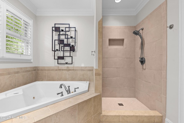 30 Deacon Palmer Pl, Southern Pines, NC 28387 - bathroom featuring a whirlpool tub, a tile shower, and crown molding