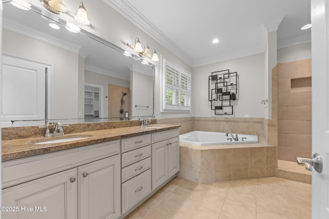 30 Deacon Palmer Pl, Southern Pines, NC 28387 - full bathroom with double vanity, tile patterned flooring, a garden tub, tiled shower, and ornamental molding
