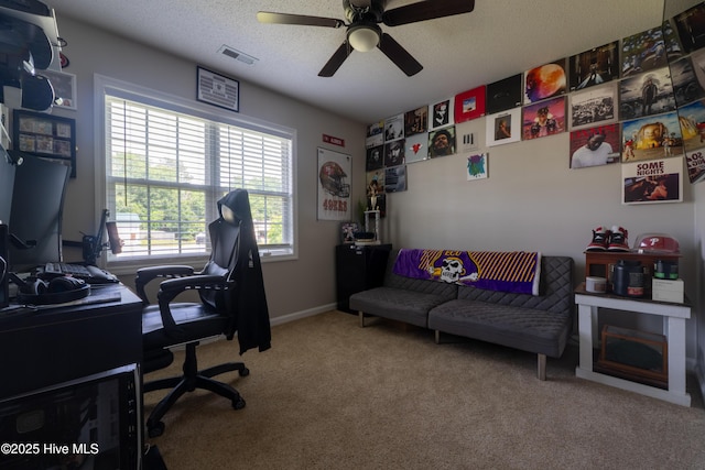 306 Top Knot Rd, Hubert, NC 28539 - office space featuring a ceiling fan, carpet flooring, a textured ceiling, and baseboards