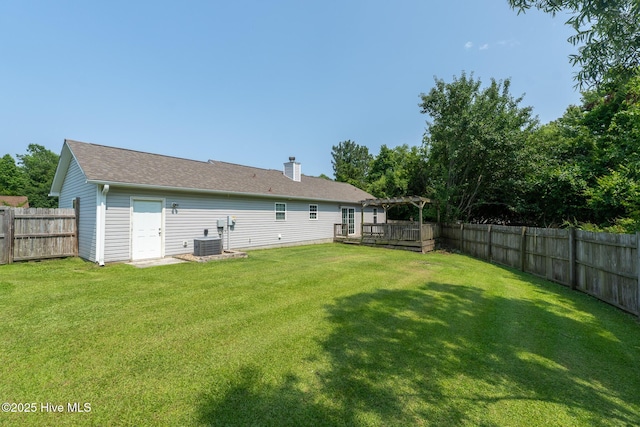 306 Top Knot Rd, Hubert, NC 28539 - back of house with a pergola, central AC, a chimney, and a deck
