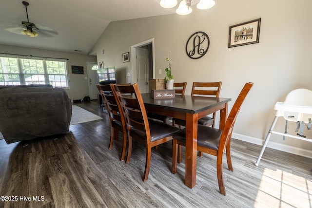306 Top Knot Rd, Hubert, NC 28539 - dining area featuring wood finished floors, lofted ceiling, ceiling fan, and baseboards