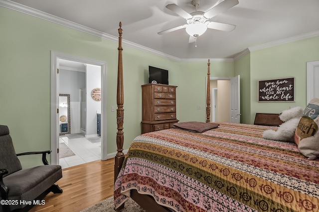 4301 Gainesford Ct, Wilmington, NC 28412 - bedroom featuring ornamental molding, light wood-style flooring, ceiling fan, connected bathroom, and baseboards