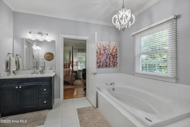 4301 Gainesford Ct, Wilmington, NC 28412 - ensuite bathroom with a garden tub, vanity, tile patterned floors, a chandelier, and crown molding