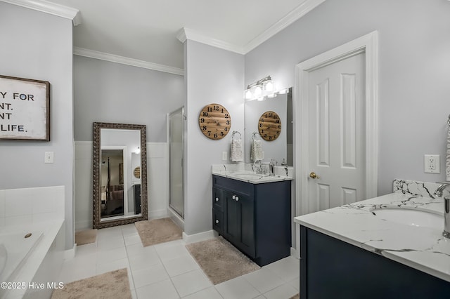 4301 Gainesford Ct, Wilmington, NC 28412 - bathroom with two vanities, crown molding, a bath, a shower stall, and tile patterned flooring