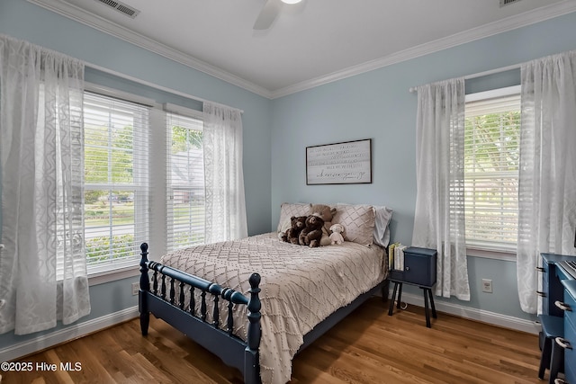 4301 Gainesford Ct, Wilmington, NC 28412 - bedroom with ornamental molding, baseboards, wood finished floors, and ceiling fan