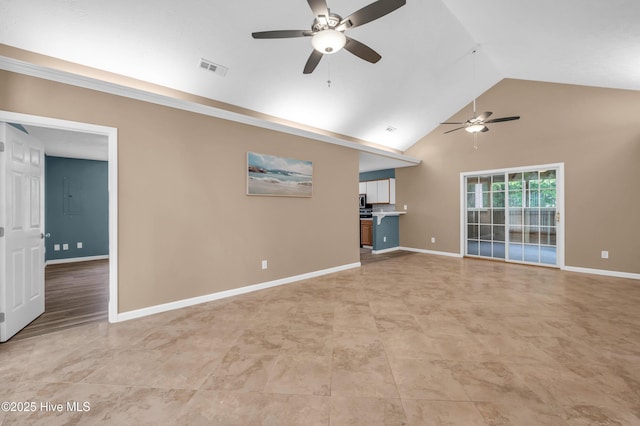 711 Navaho Trl, Wilmington, NC 28409 - unfurnished living room featuring a ceiling fan and high vaulted ceiling
