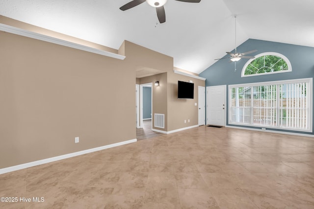 711 Navaho Trl, Wilmington, NC 28409 - unfurnished living room with ceiling fan and high vaulted ceiling