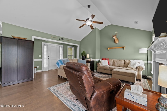 1763 Oak Pointe Dr, Greenville, NC 27834 - living area with lofted ceiling, ceiling fan, wood finished floors, and baseboards