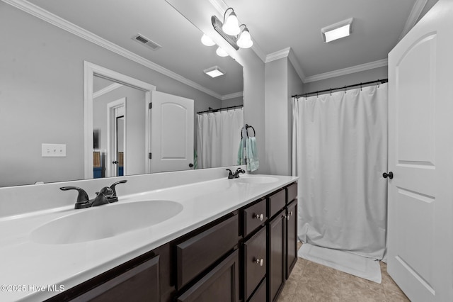 1763 Oak Pointe Dr, Greenville, NC 27834 - bathroom with ornamental molding, double vanity, and a shower with curtain