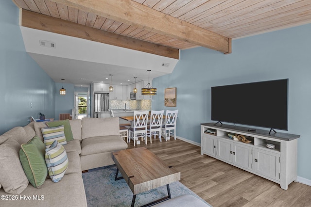 535 Salter Path Rd Unit 3, Pine Knoll Shores, NC 28512 - living room featuring light wood finished floors, wooden ceiling with exposed beams, and baseboards