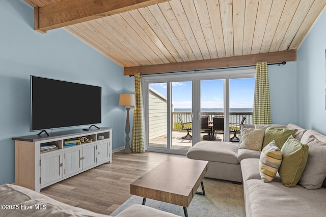 535 Salter Path Rd Unit 3, Pine Knoll Shores, NC 28512 - living room with wood ceiling, light wood-style flooring, and baseboards