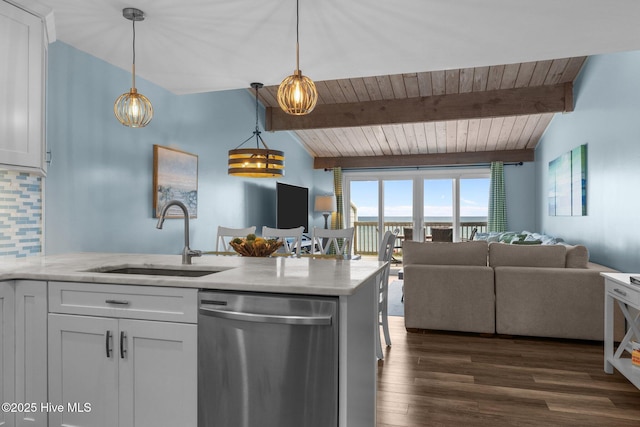 535 Salter Path Rd Unit 3, Pine Knoll Shores, NC 28512 - kitchen with stainless steel dishwasher, a sink, open floor plan, white cabinetry, and backsplash