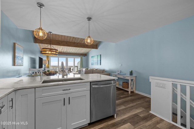 535 Salter Path Rd Unit 3, Pine Knoll Shores, NC 28512 - kitchen featuring dishwasher, a sink, white cabinetry, dark wood-style flooring, and pendant lighting
