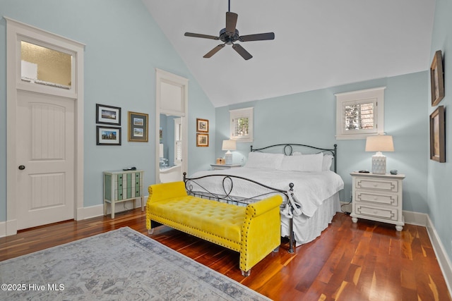 401 Fire Fly Ln, Southport, NC 28461 - bedroom featuring wood finished floors, baseboards, high vaulted ceiling, and ceiling fan