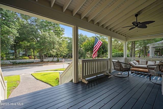 401 Fire Fly Ln, Southport, NC 28461 - wooden terrace featuring an outdoor hangout area and a ceiling fan