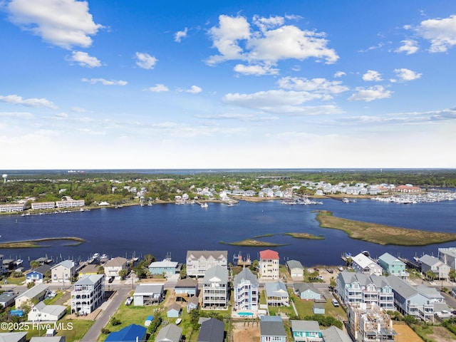 aerial perspective of suburban area with a large body of water