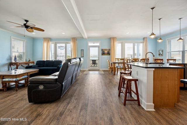 living room featuring dark wood-type flooring, ceiling fan, healthy amount of natural light, and crown molding