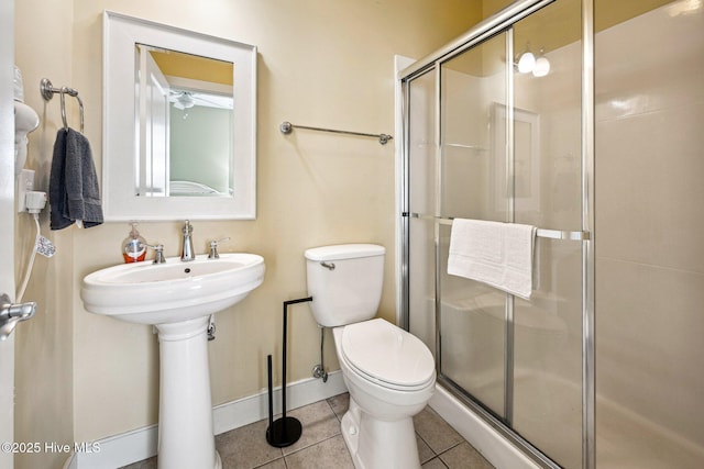 full bathroom featuring a shower stall and tile patterned flooring